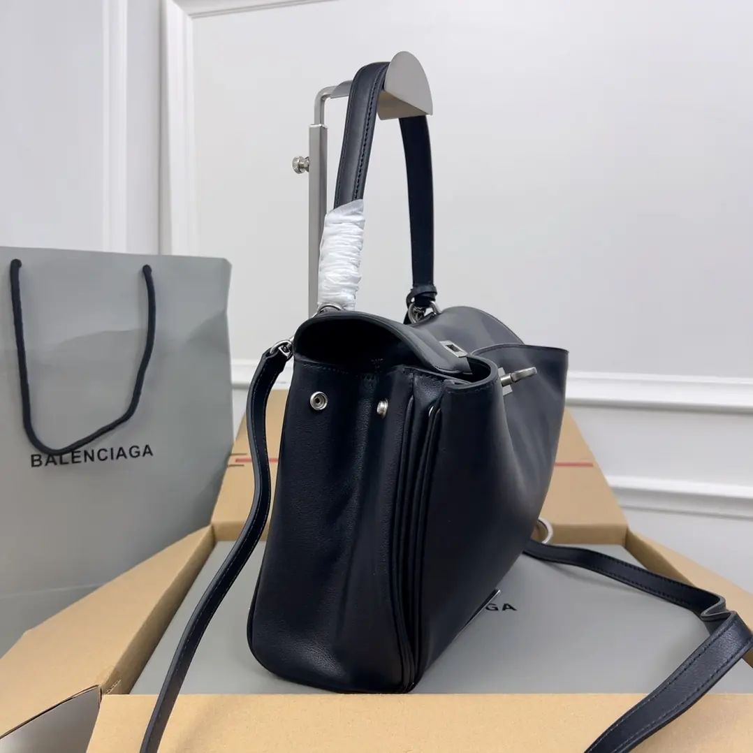 Balenciaga Style Black Leather Top Handle Bag Lookbook Reference image 3