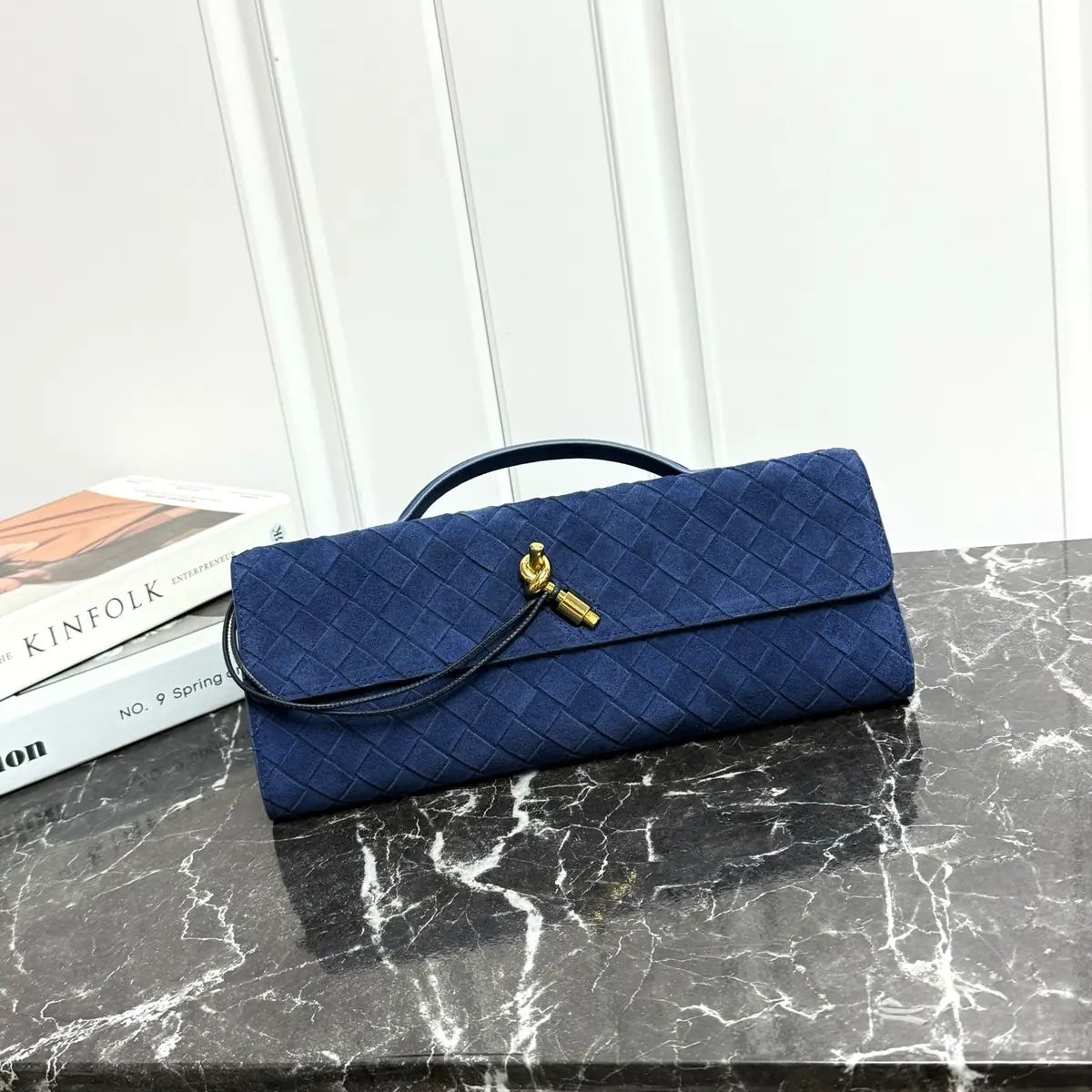 Bottega Veneta Style Blue Leather Top Handle Bag Lookbook Reference image 1