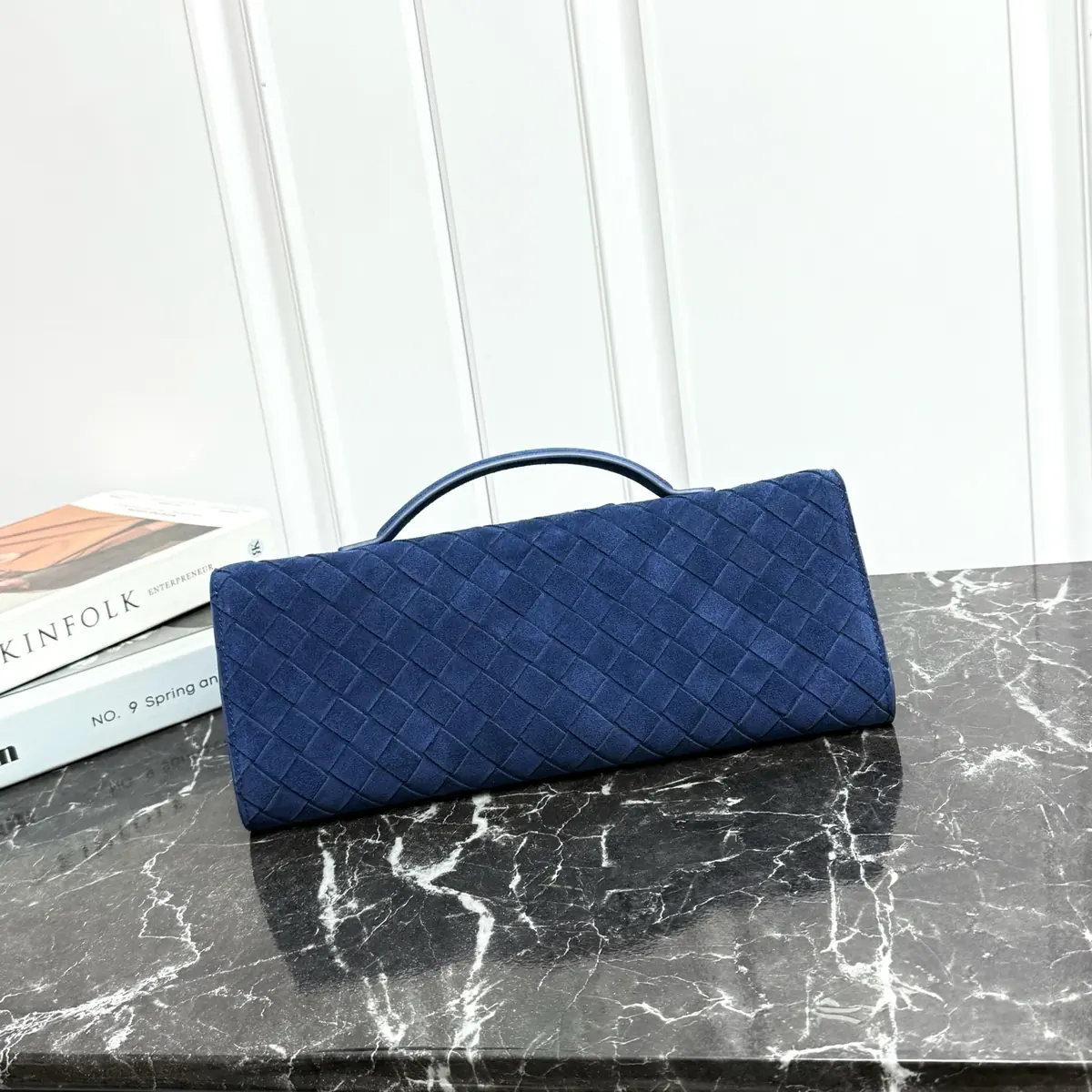 Bottega Veneta Style Blue Leather Top Handle Bag Lookbook Reference image 2