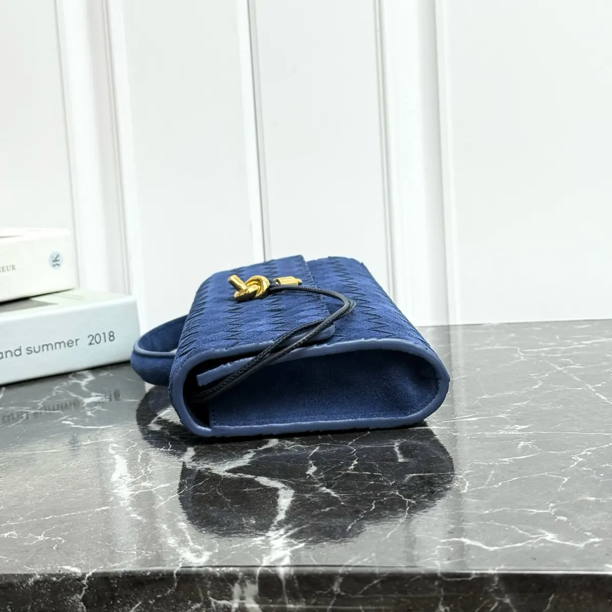 Bottega Veneta Style Blue Leather Top Handle Bag Lookbook Reference image 3