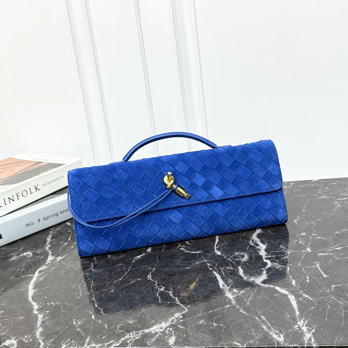 Bottega Veneta Style Blue Leather Top Handle Bag Lookbook Reference image 1