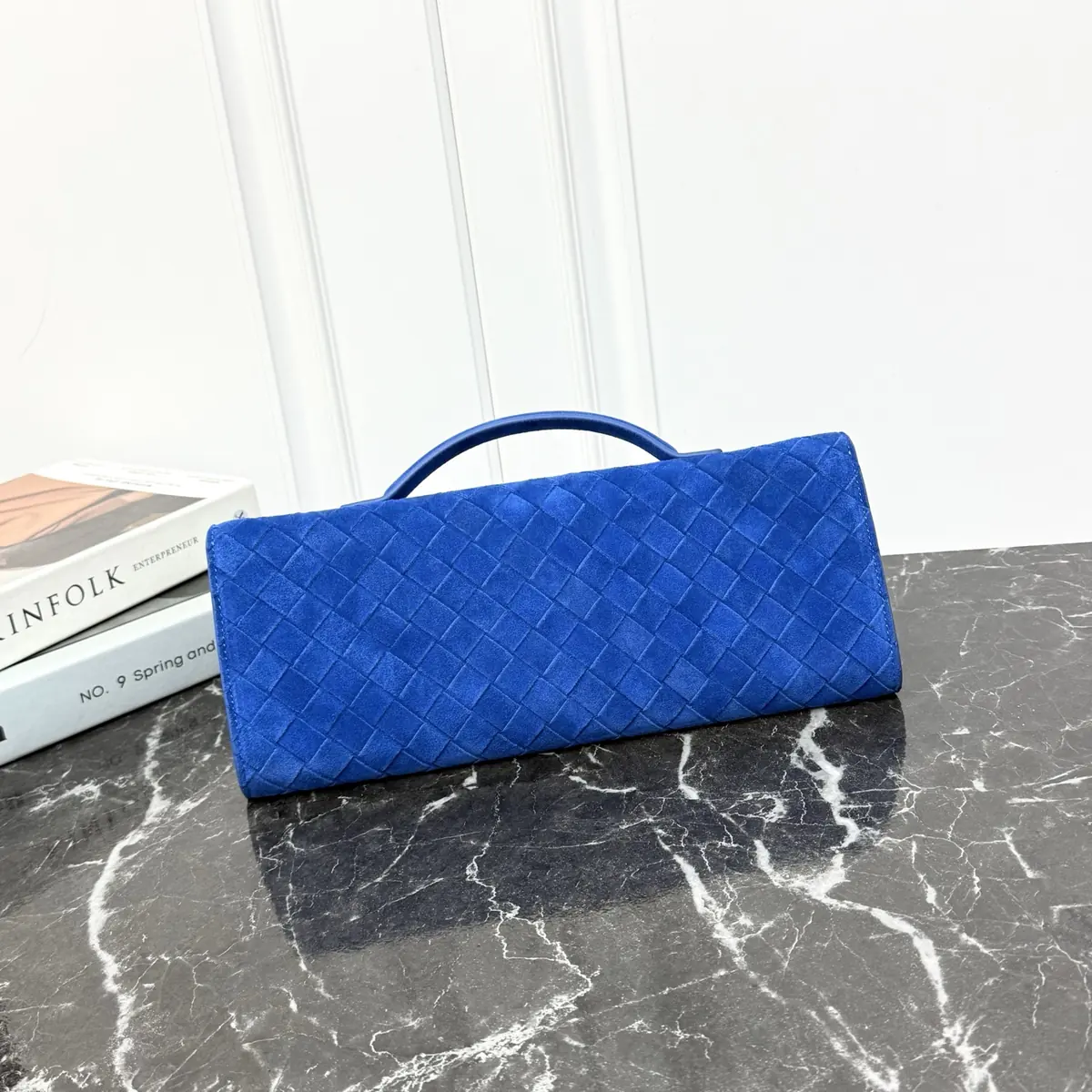 Bottega Veneta Style Blue Leather Top Handle Bag Lookbook Reference image 2
