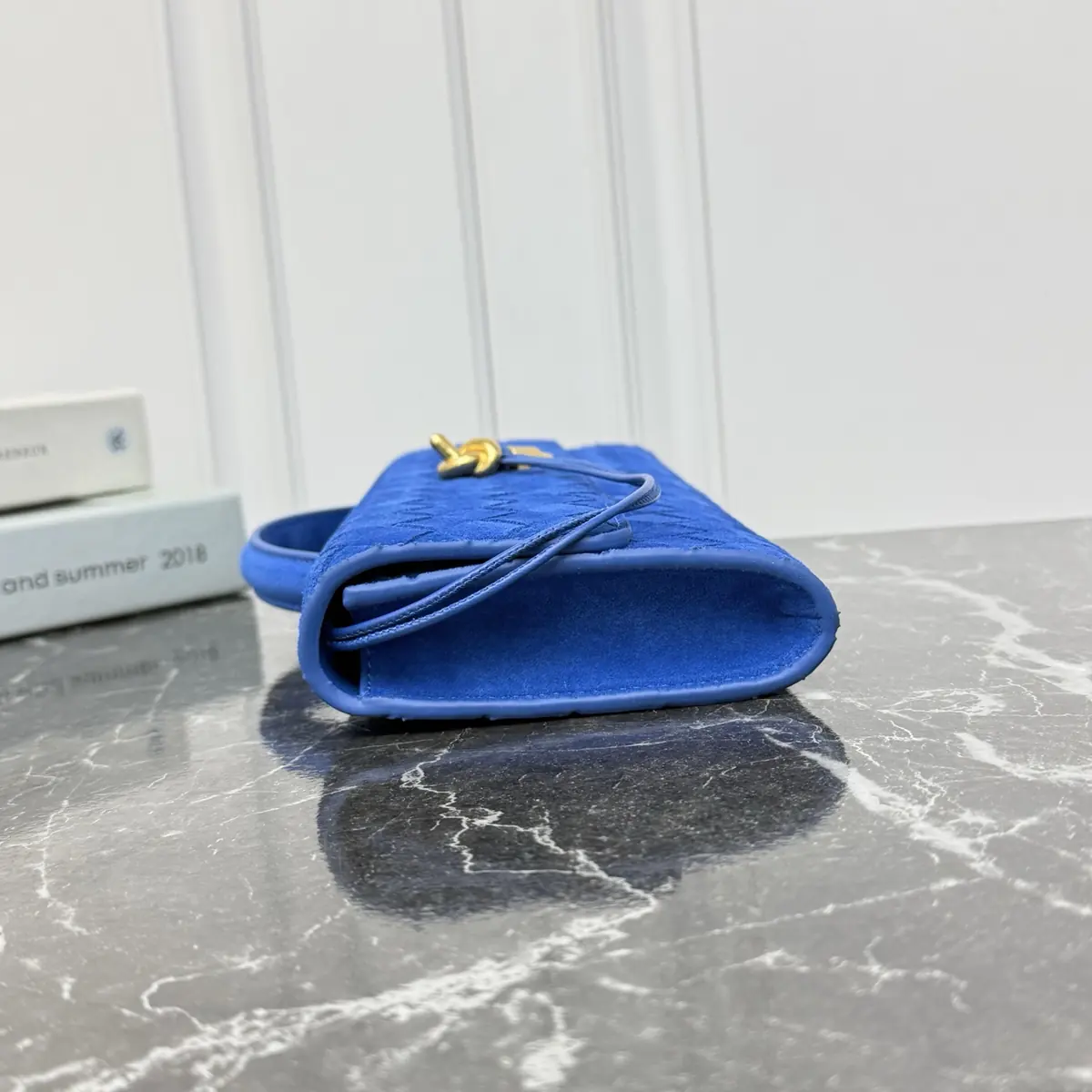 Bottega Veneta Style Blue Leather Top Handle Bag Lookbook Reference image 3