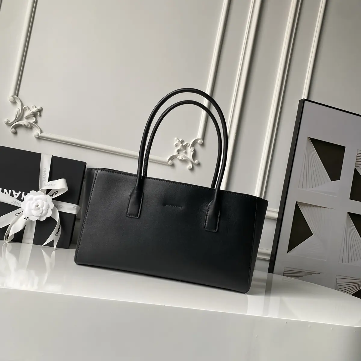 Chanel Style Black Leather Tote Bag Lookbook Reference image 2