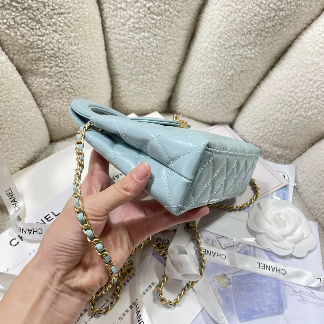 Chanel Style Blue Leather Top Handle Bag Lookbook Reference image 3