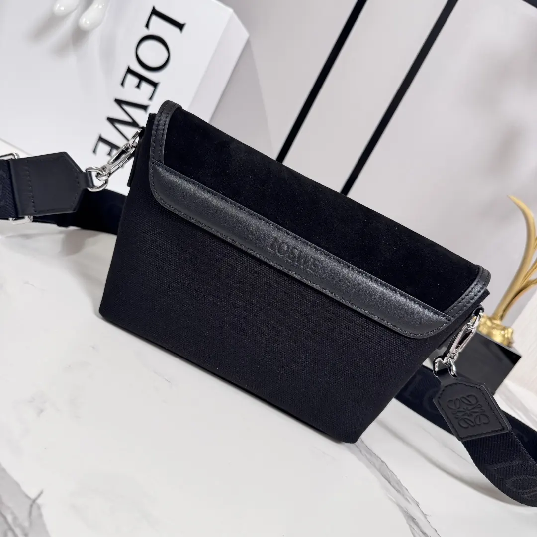 Loewe Style Black Canvas Messenger Bag Lookbook Reference image 3