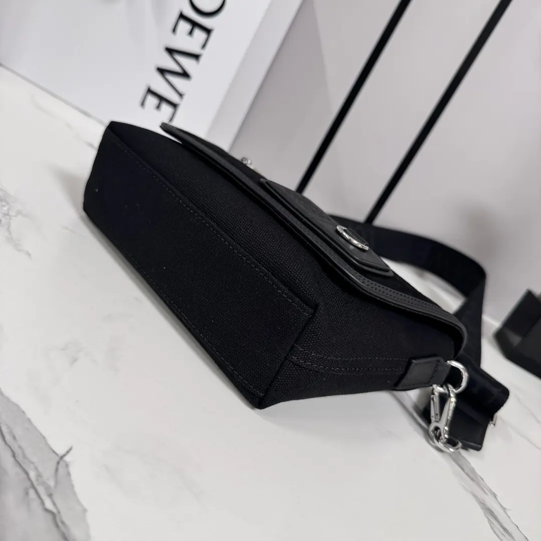 Loewe Style Black Canvas Messenger Bag Lookbook Reference image 4