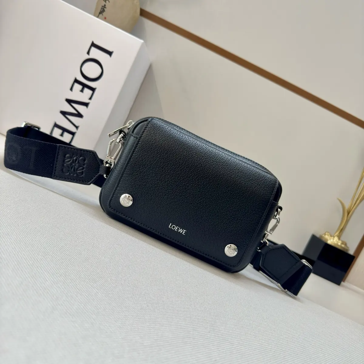 Loewe Style Black Leather Messenger Bag Lookbook Reference image 1