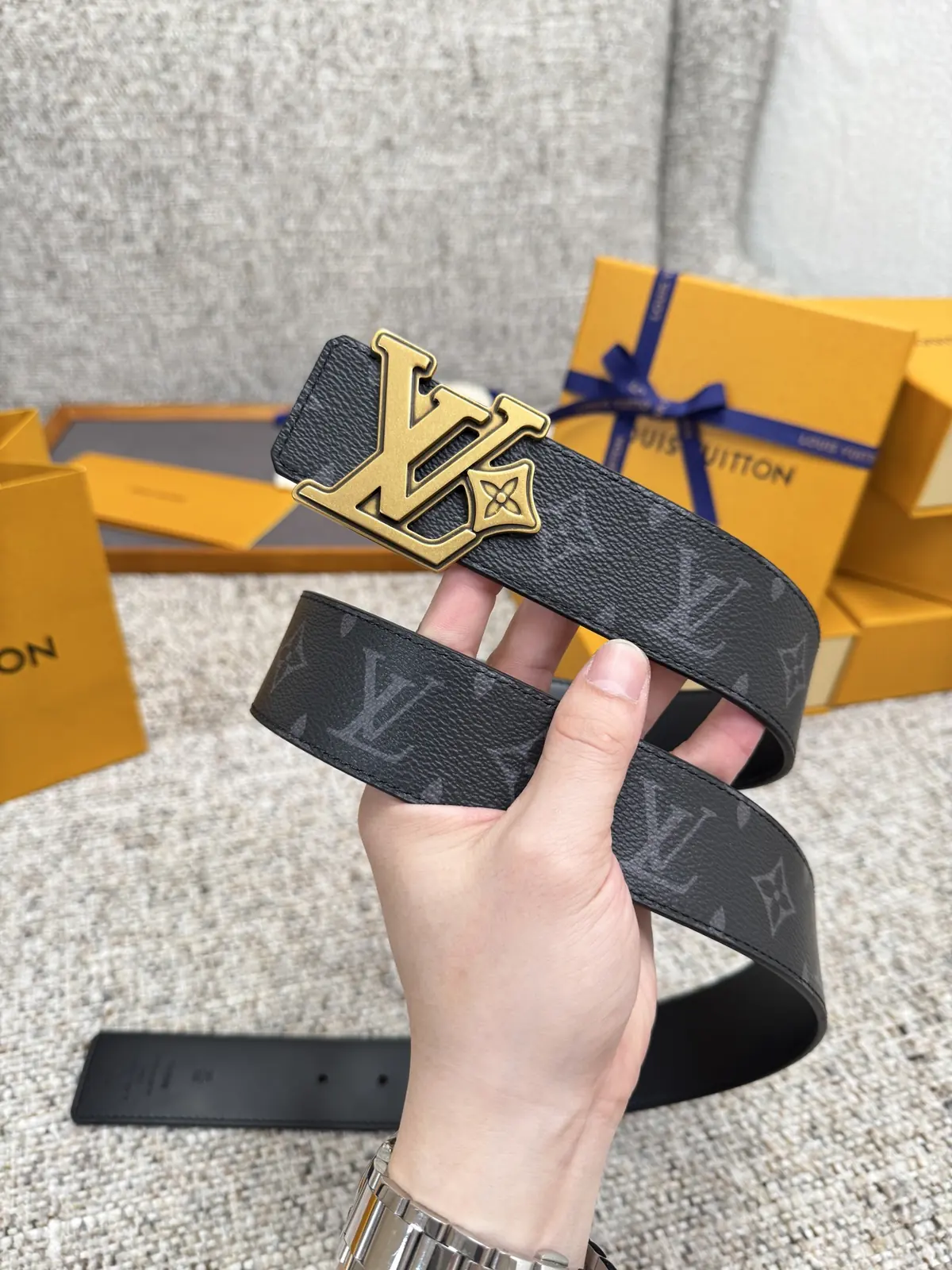 LV Style Gold Leather Men's Belt Lookbook Reference image 2