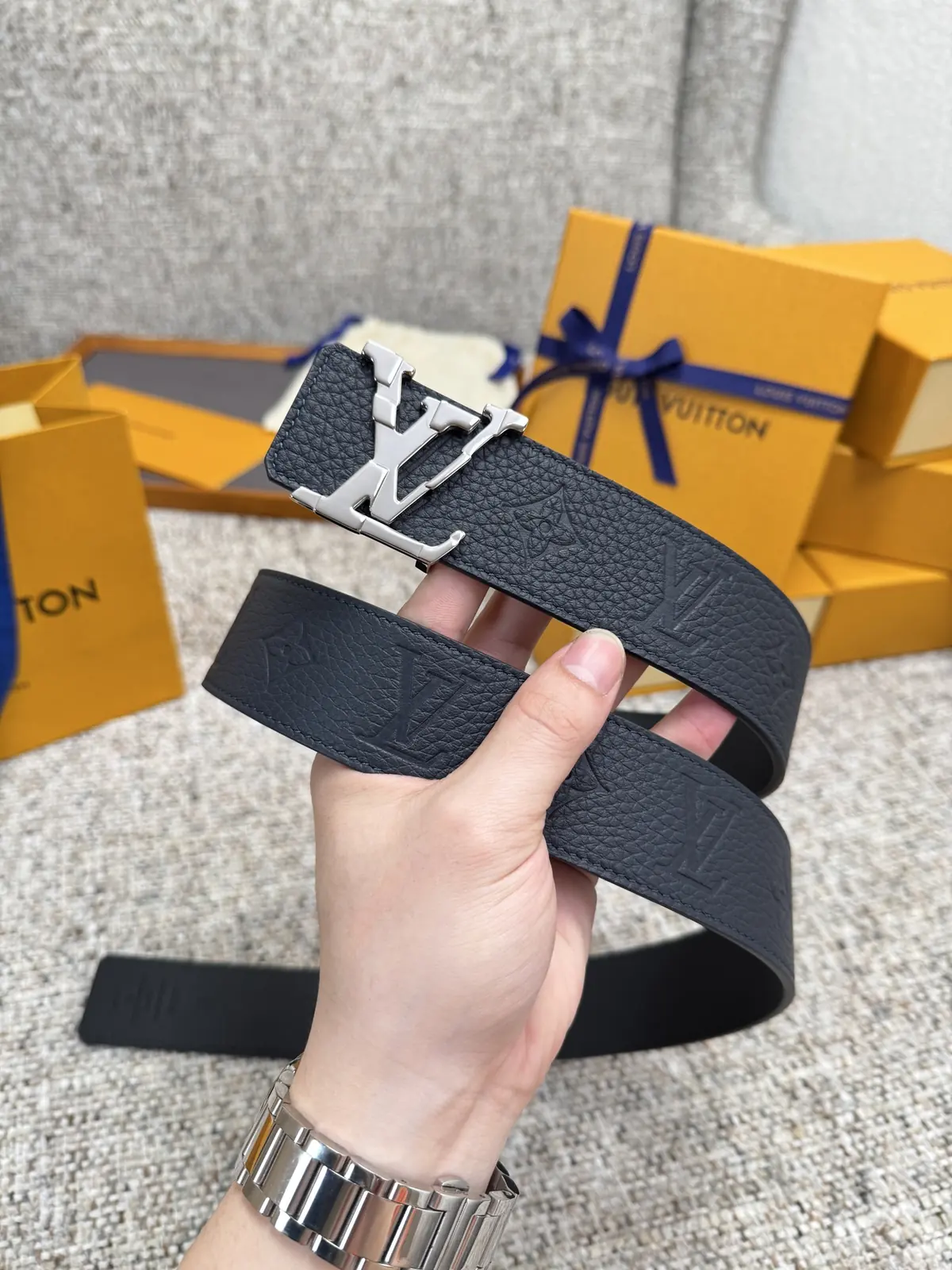 LV Style Gold Leather Men's Belt Lookbook Reference image 2