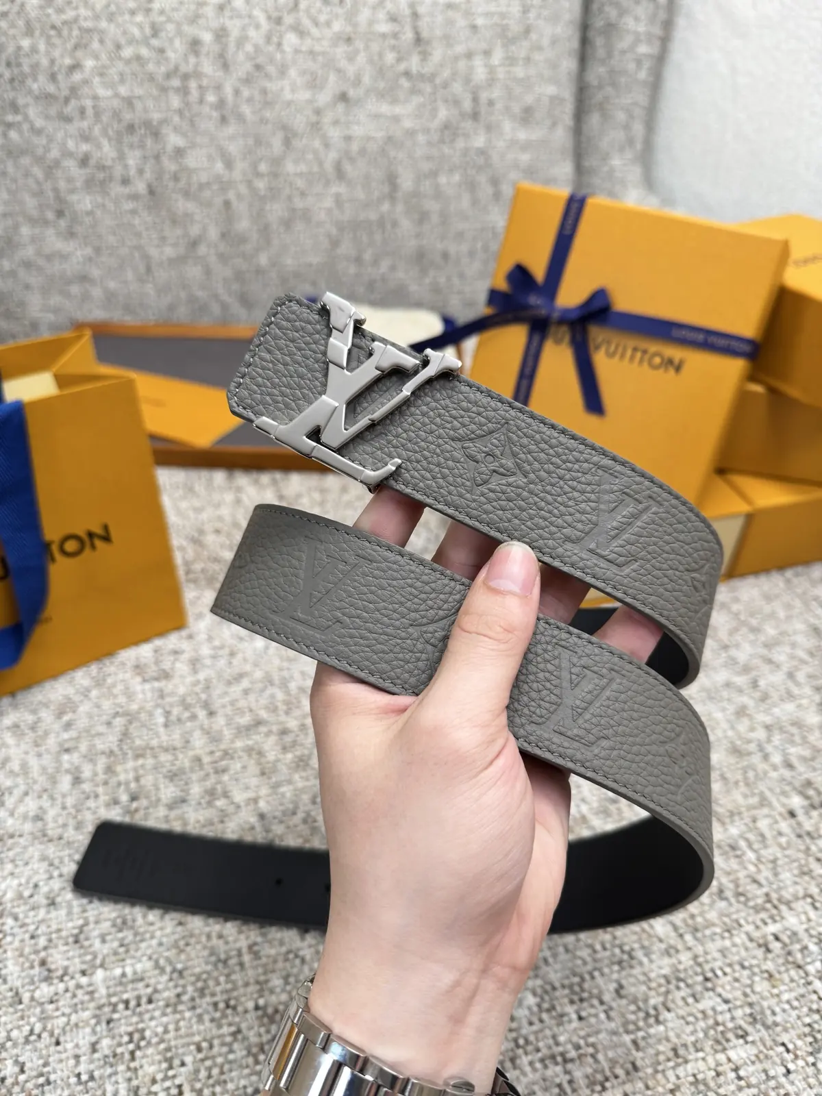 LV Style Gold Leather Men's Belt Lookbook Reference image 2