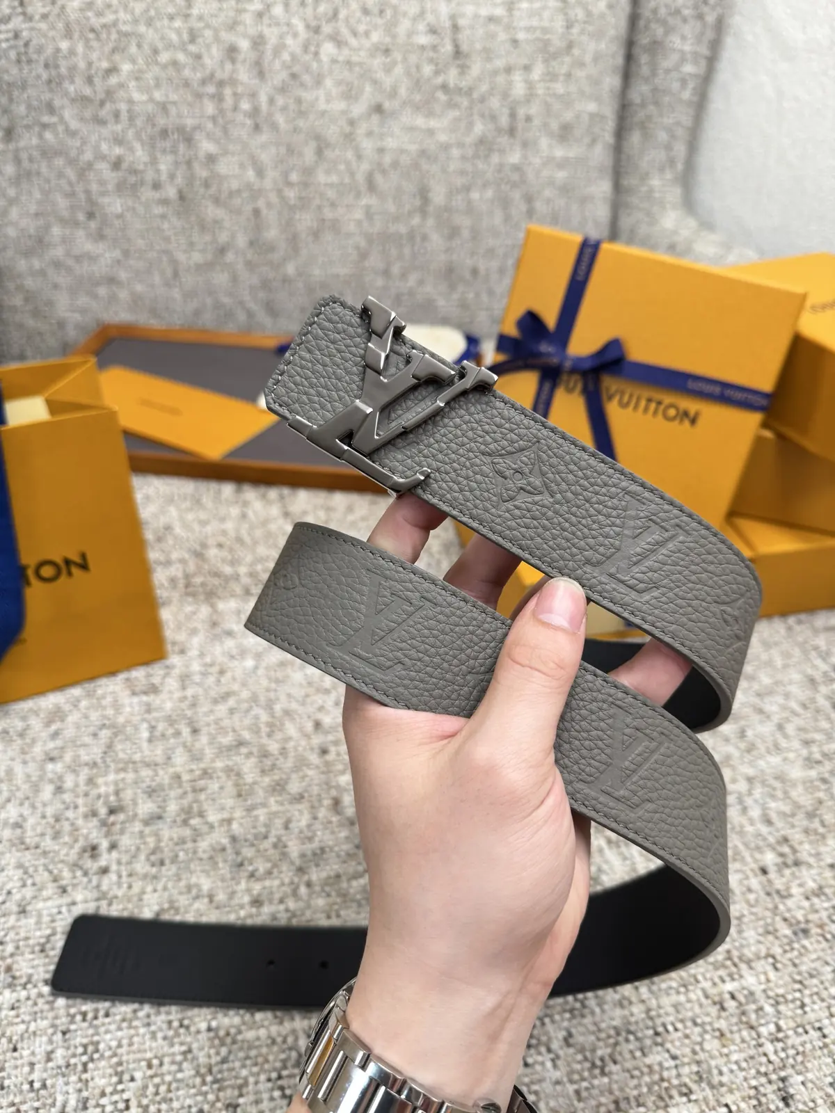 LV Style Gold Leather Men's Belt Lookbook Reference image 2