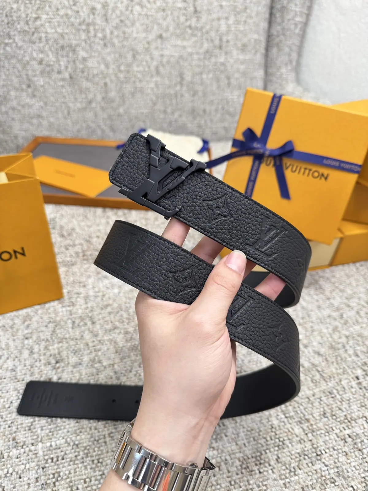 LV Style Gold Leather Men's Belt Lookbook Reference image 2