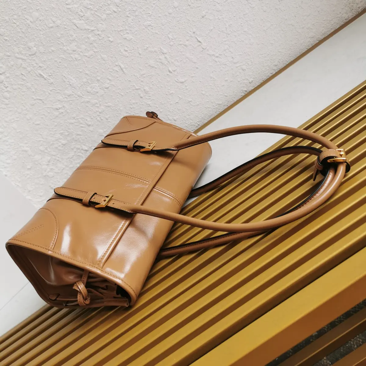 Prada Style Gold Leather Shoulder Bag Lookbook Reference image 4